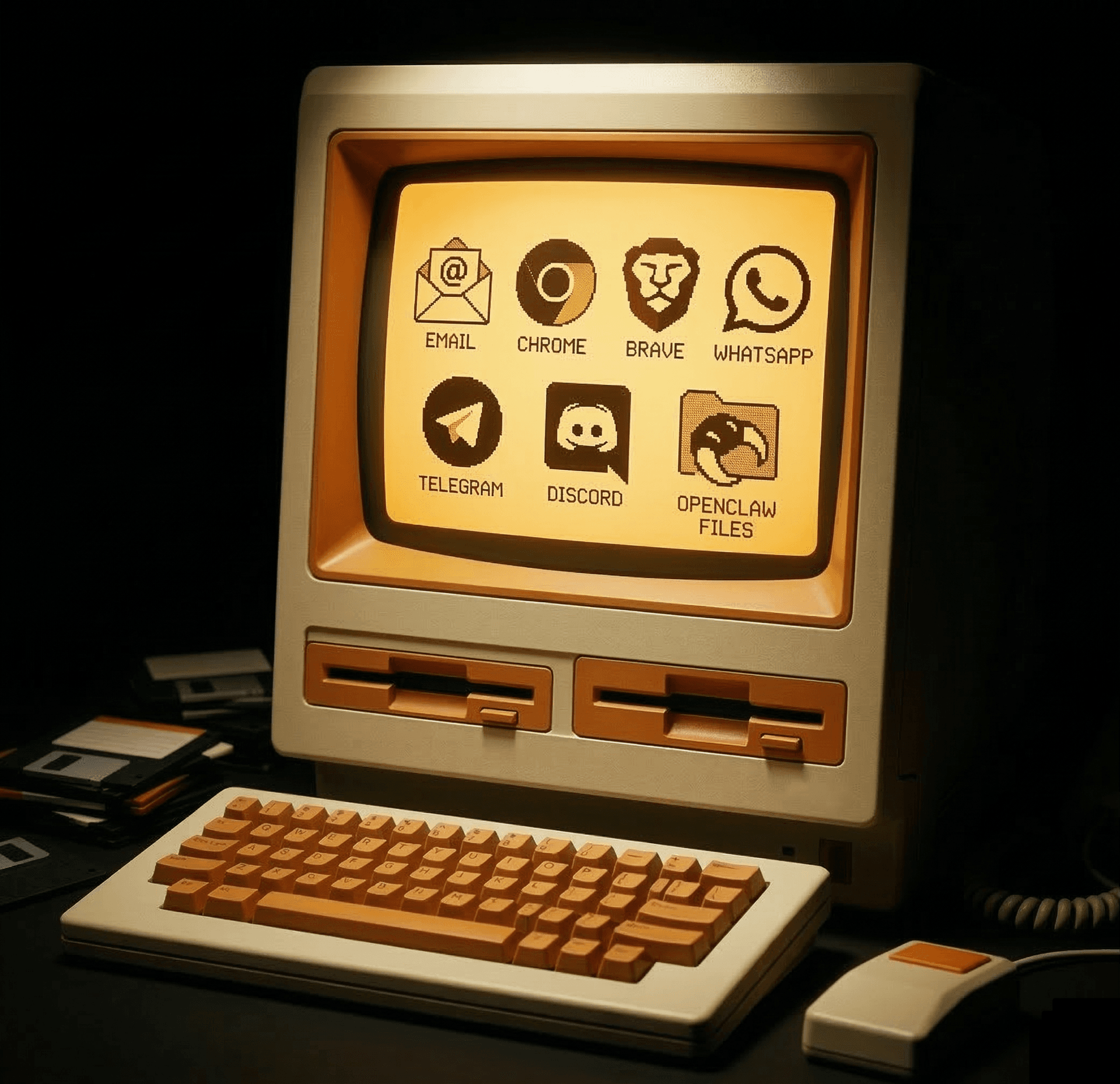 Retro computer displaying email, Chrome, Brave, WhatsApp, Telegram, Discord, and OpenClaw Files icons.